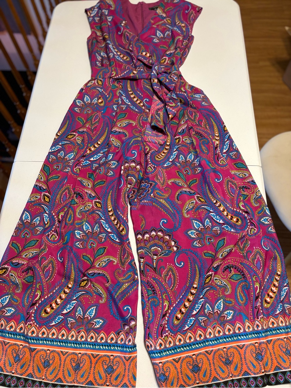 Tahari ASL Magenta Paisley Print Sleeveless Tie-Waist Jumpsuit
